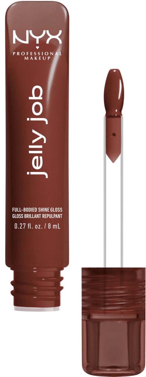 A lip gloss container with a brush applicator and the words 'NYX Jelly Job' on the tube.
