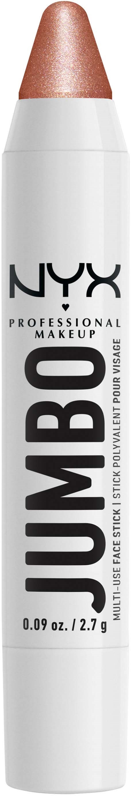 A white stick with a rose gold tip, labeled NYX Jumbo Eye Pencil, 0.09 oz. for eye makeup.