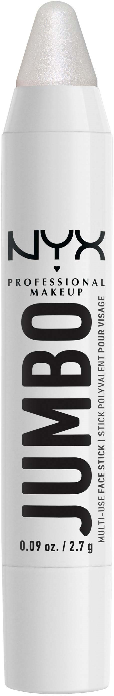 Een witte make-uppotlood met zwarte tekst, gelabeld NYX Jumbo, 0,09 oz, voor ogen en gezicht.
