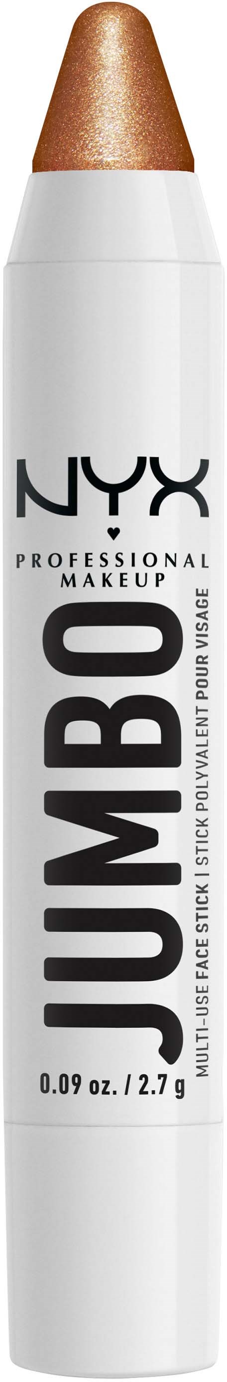 A white stick makeup product with a brown tip, labeled NYX Jumbo for eye and face use.
