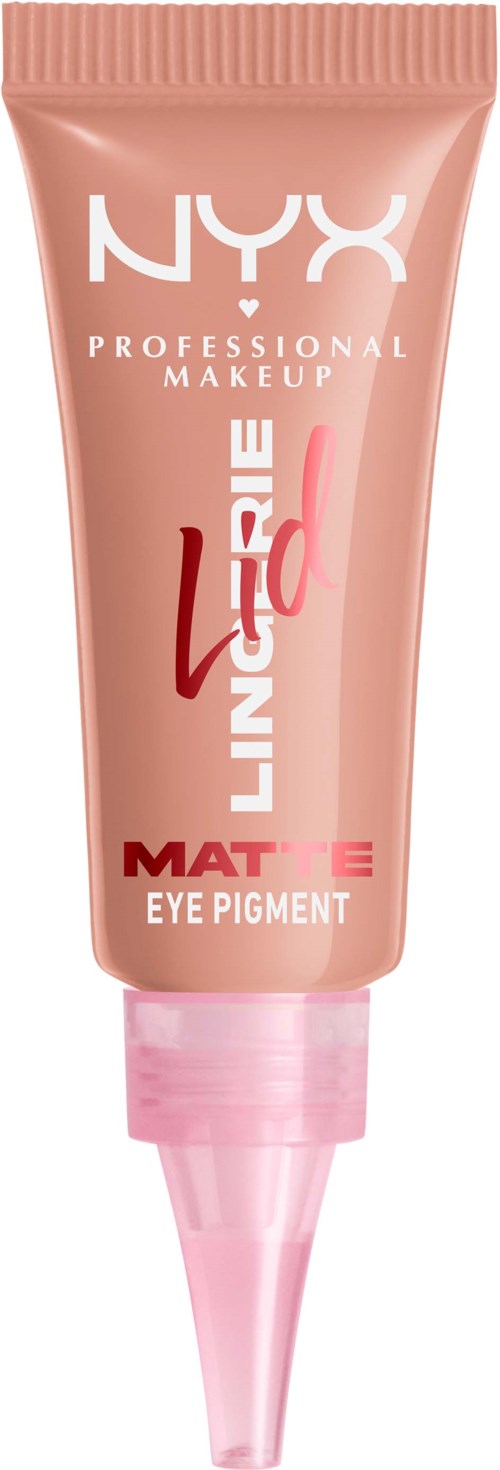 Tub med NYX Matte Eye Pigment i rosa färg med en spetsig applikatorspets.