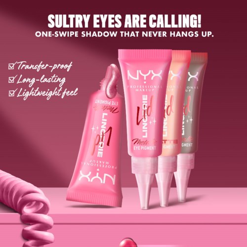 Fyra tuber med NYX ögonpigment i rosa, beige och bruna nyanser, med en ljusrosa bakgrund och text om produktens egenskaper.