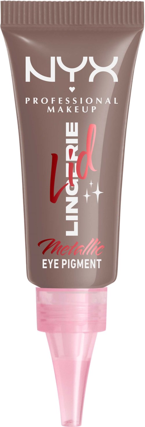 En tub med NYX Lingerie Eye Pigment med rosa lock och brunt förpackning, med vitt och rött text.