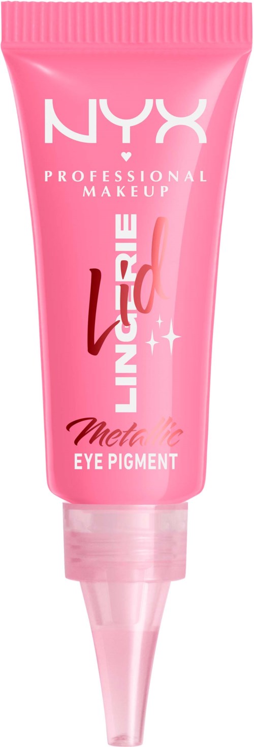 Ljusrosa tub med NYX Lingerie Metro ögonpigment, vit och mörkrosa text, samt en genomskinlig applicatorspets.