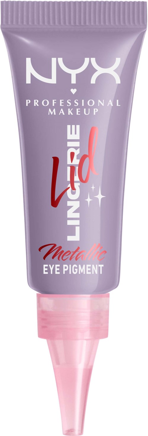 En tub med NYX Lingerie Ombre concealer med en rosa applikator, märkt för ögonanvändning, i ljuslila förpackning.