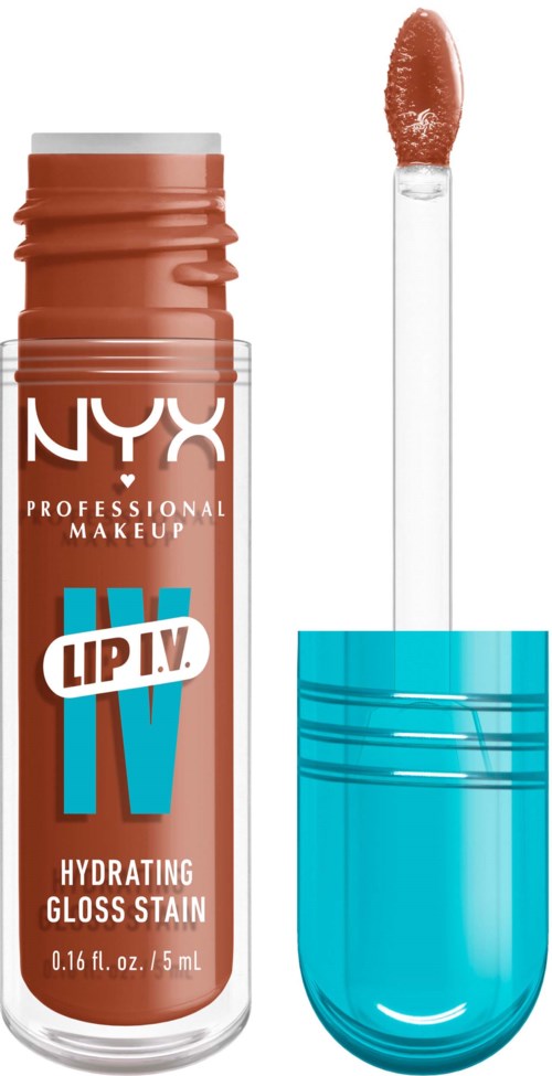 Vloeibare lippenstift met blauwe dop, applicator en bruine rode kleur.
