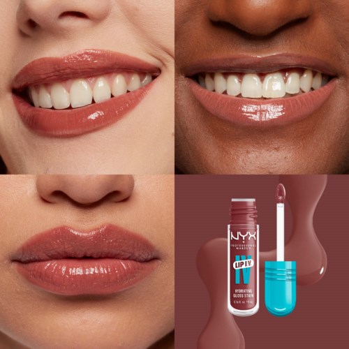 Close-up of three smiles with different skin tones and a lip gloss product. The product has a blue cap and pinkish shade.