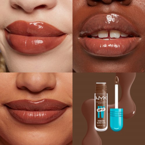 Dichtbij van glanzende, vochtige lippen op verschillende huidtinten, met NYX lipglossflesje en applicator.