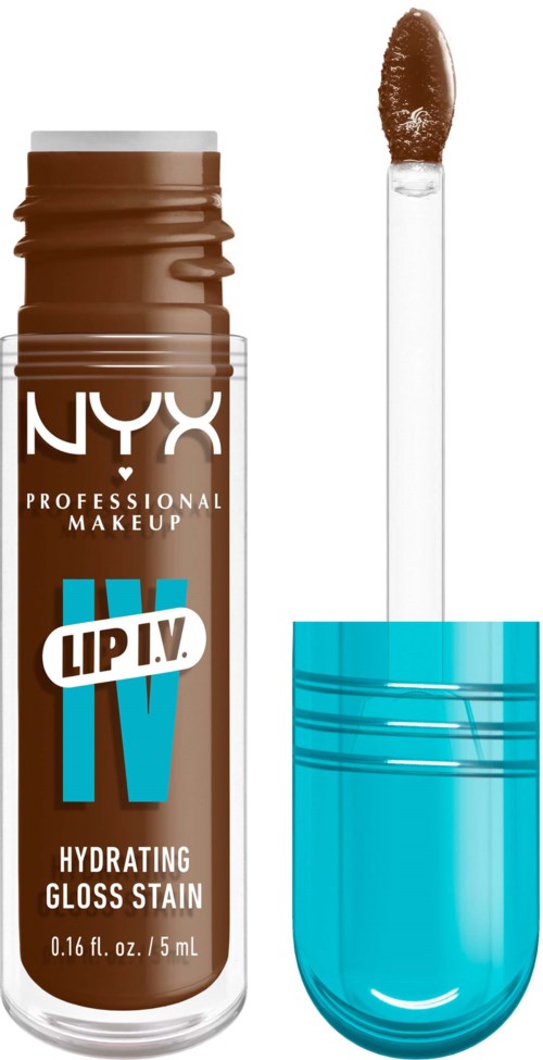 Ein Lippenstift- oder Lipgloss-Behälter mit Pinselapplikator und blauer Kappe, labeled NYX Professional Makeup.