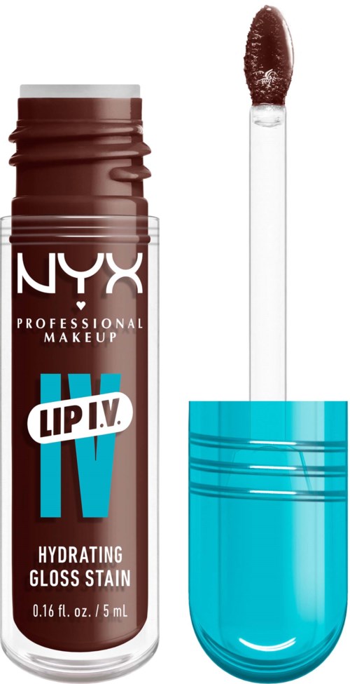 Lipgloss met blauwe dop, applicator en bruine glans.