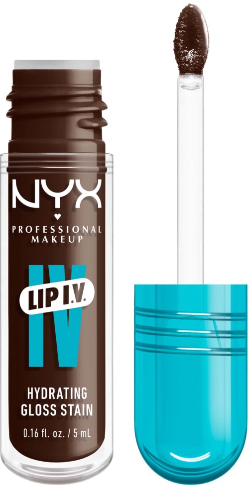 Bruine lipgloss met blauwe dop en witte applicator. Het label toont dat het van NYX is en hydraterend.
