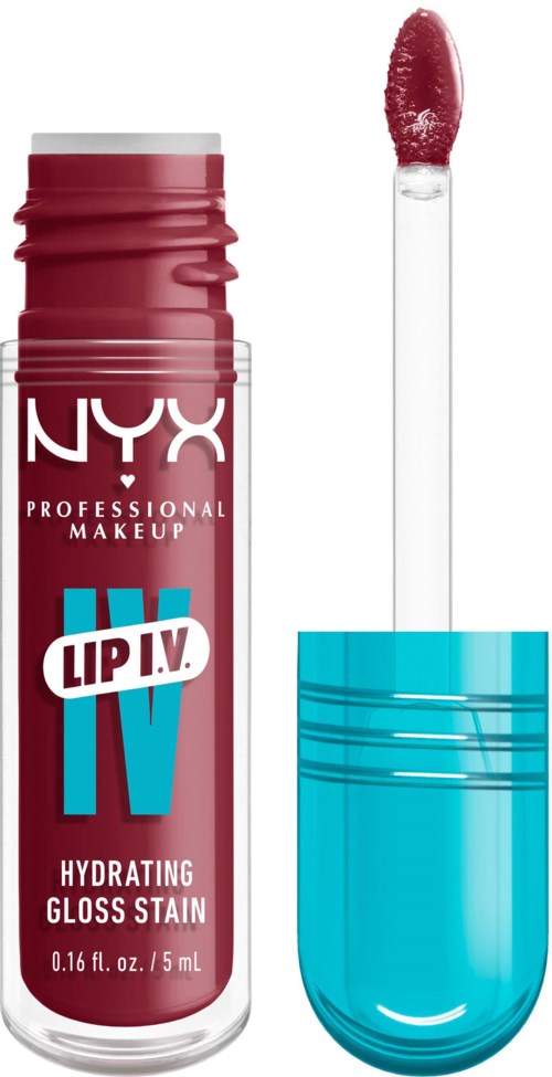 A NYX lip gloss container with blue cap and wand applicator. The gloss is a dark, shiny red color.
