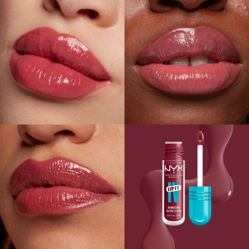 Close-up of lips showing shiny, lipstick-like gloss, with a tube of lip gloss and applicator nearby.