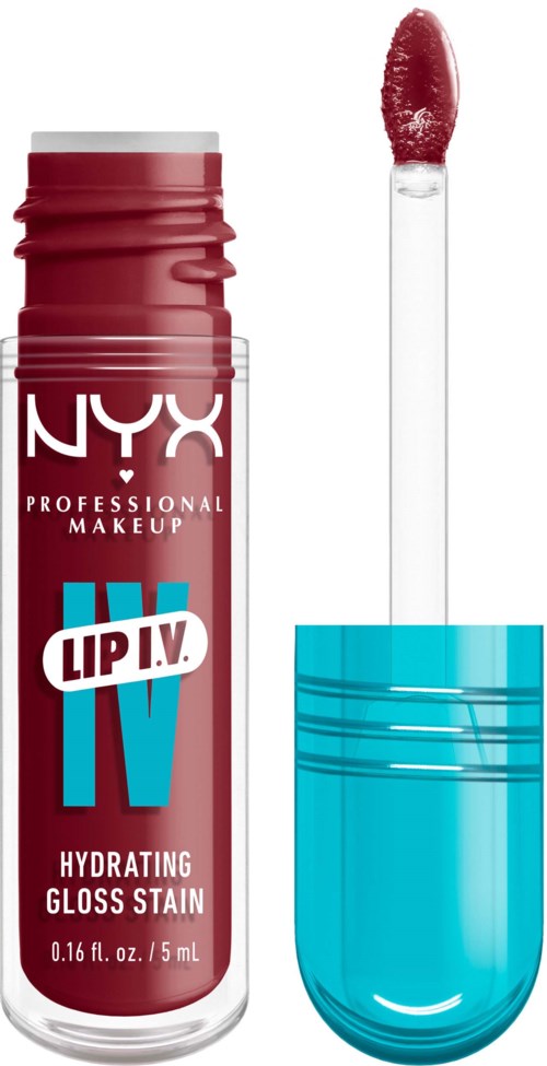 Lippenbalsemverpakking met blauw deksel, rode glans binnenin, en applicator met rode punt.