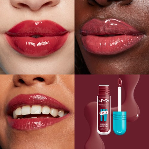 Close-up van glanzende, felrode lippenstift op verschillende lippen, met een NYX lipgloss product zichtbaar.