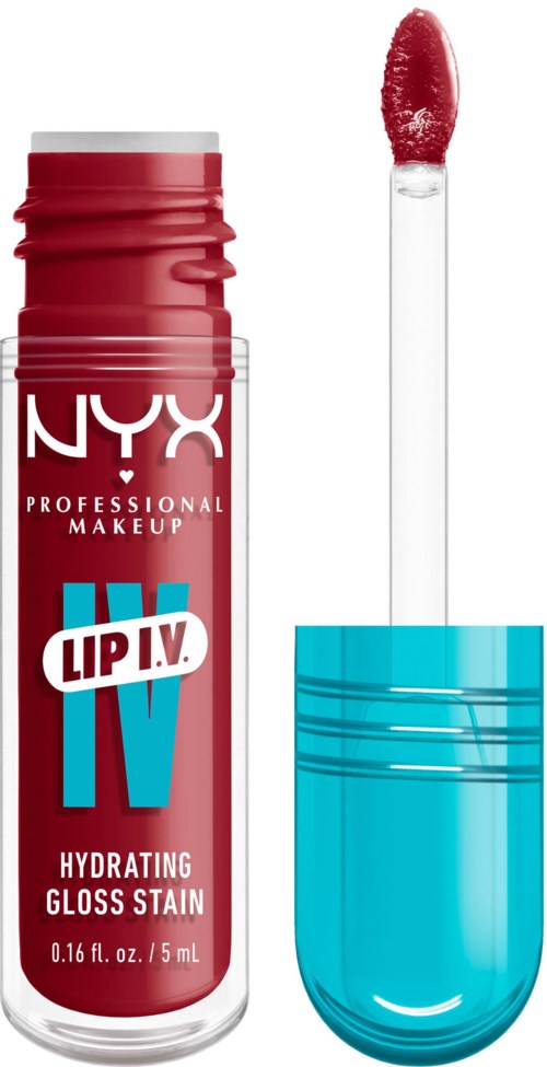 Een rood vloeibaar lippenstift met blauwe dop, met applicator met rode glans.