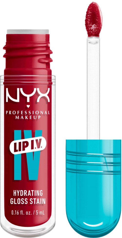 Ein roter Lippenstift mit blauer Kappe, der Glanz befindet sich leicht über der Tube, zeigt den Applikator mit Glanz.