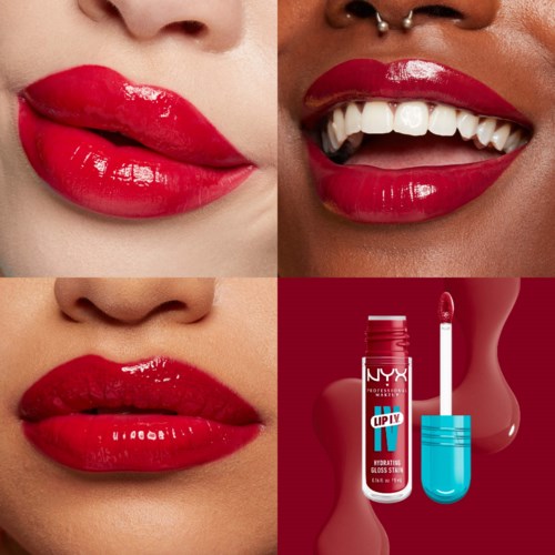 Nahaufnahme von Lippen mit glänzend rotem Lippenstift, zeigt verschiedene Ausdrücke und ein Lipgloss-Produkt.