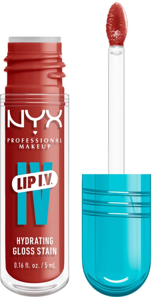 Een rode lipglossverpakking met een blauwe dop en een witte applicator. Lipgloss zichtbaar op de applicator.