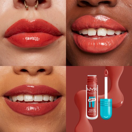 Close-up van lippen met glanzende, rood-oranje lipstick op verschillende huidtinten, en een lipglossproduct.