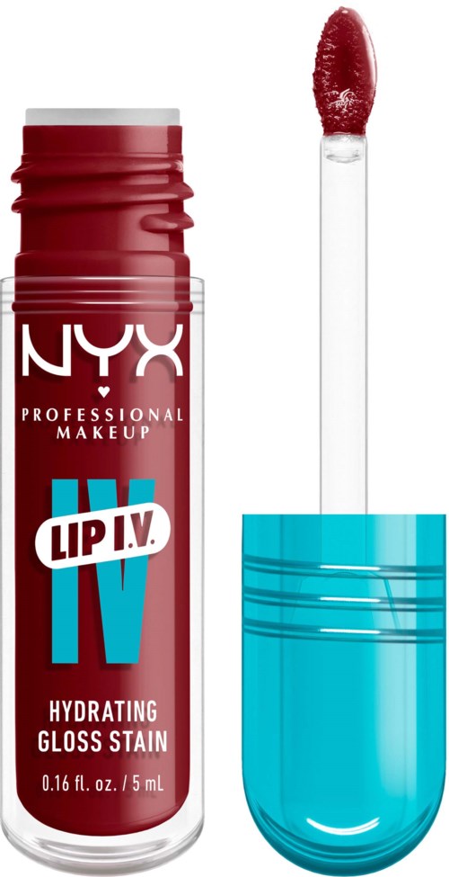 Een NYX lipglossstift met rood product en een applicatorstaaf met glans.
