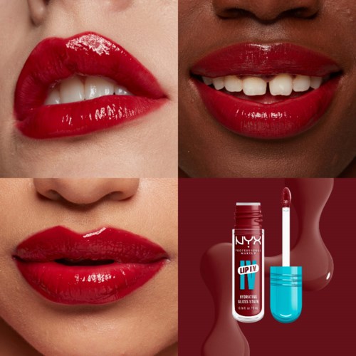Close-up van drie vrouwen met rode lippen, glimlach en lipglossproduct met blauwe dop.