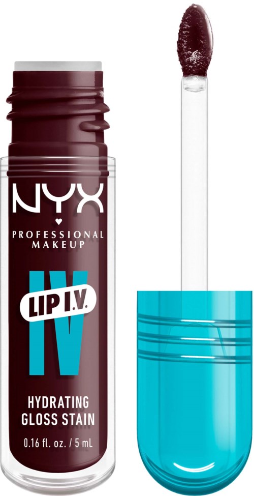 Lippenstiftbehälter mit blauer Kappe und Applikator. Die Farbe sieht dunkel und glänzend aus.