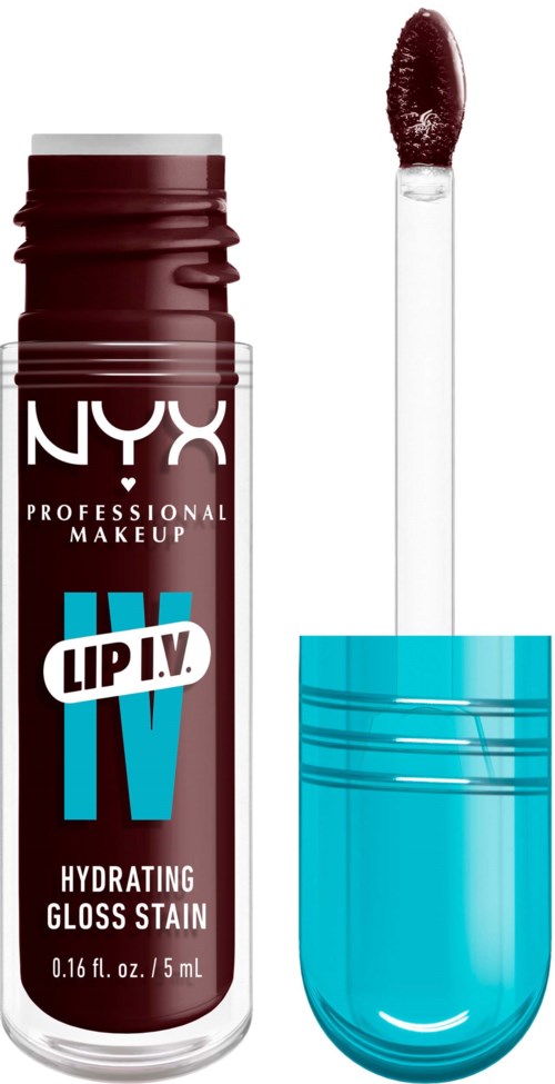 Een NYX lipstift met blauwe dop en applicator, gelabeld als hydraterende glansvlek.