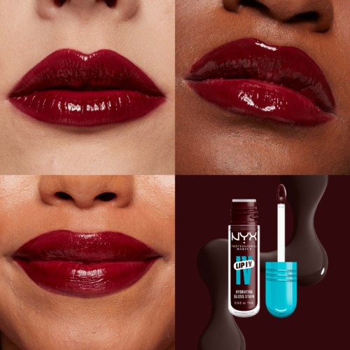 Lipgloss en lippenstift op verschillende lippen, met een NYX lip product rechtsonder.