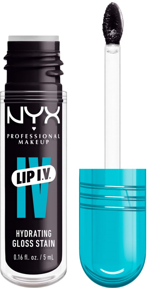 Lippenstiftproduct met een zwart-witte applicator en blauwe container. Het is een hydraterende gloss-stain.