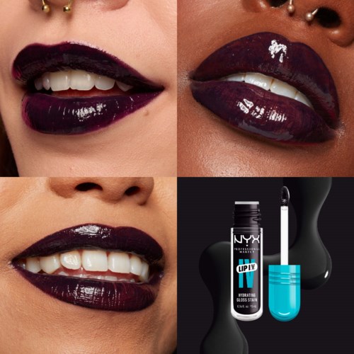 Vrouwen met donkerpaarse lippenstift die tanden laten zien, plus een lipgloss product.