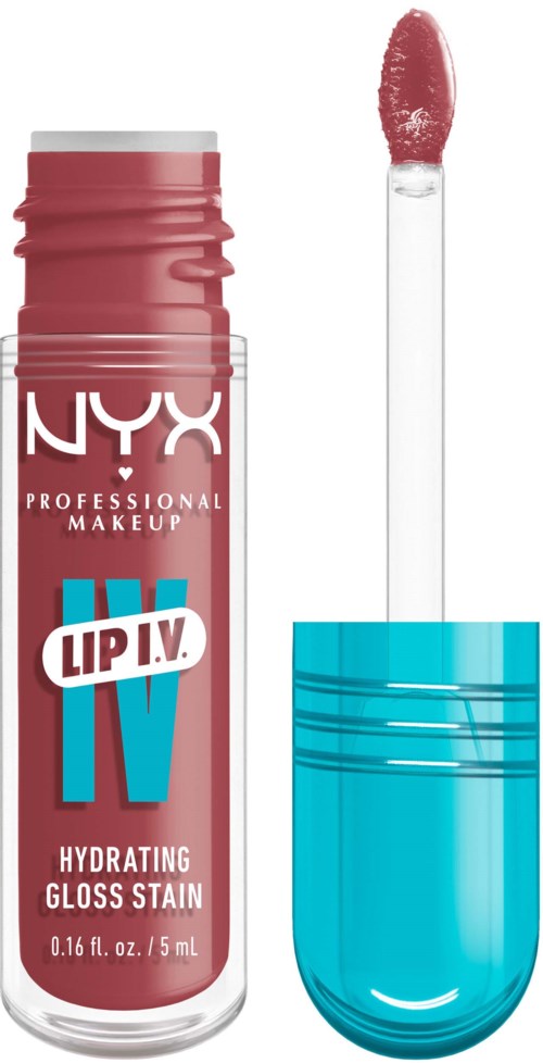 Ein Lipglossbehälter mit blauer Kappe und Pinselapplikator. Der Glanz ist rosa.
