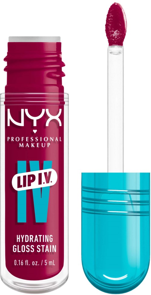 A pink NYX lip gloss tube with a blue cap and a wand applicator beside it.
