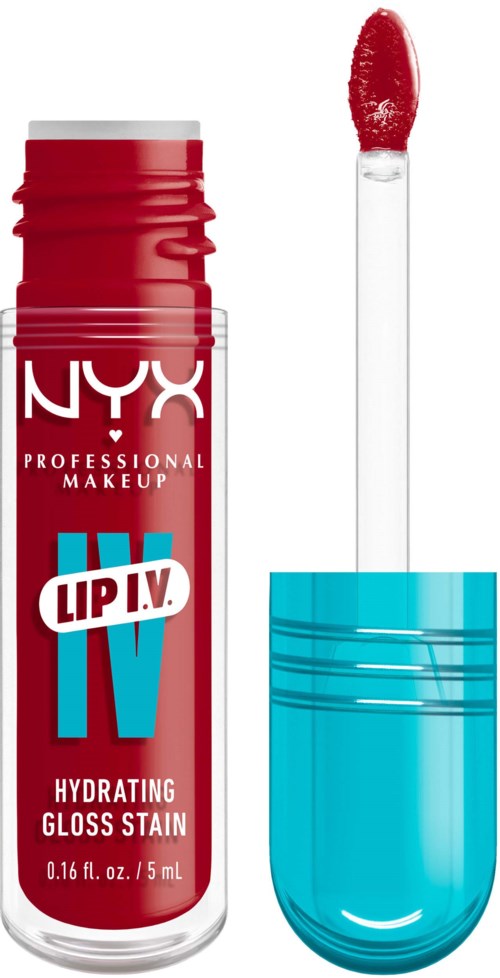 Lippenstift in rotem Fläschchen mit blauer Kappe und Applikator.