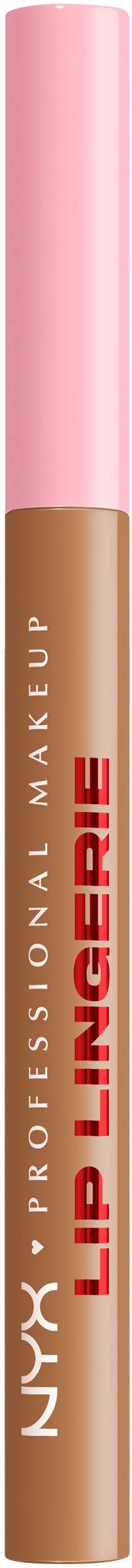 Ein Liplinerstift mit rosa Kappe und braunem Körper, beschriftet NYX Lip Linerie, für Make-up.