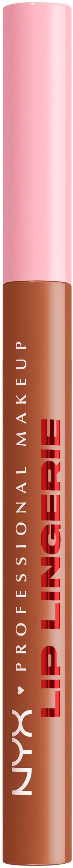 A lip liner pencil with a pink cap, labeled NYX Lip Liner. It is brown in color.