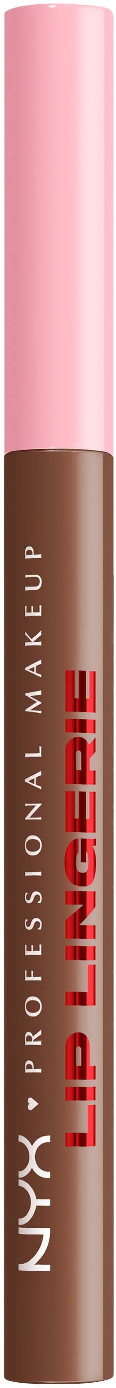 A NYX professional makeup lip liner with pink cap and brown body, labeled in red and white text.