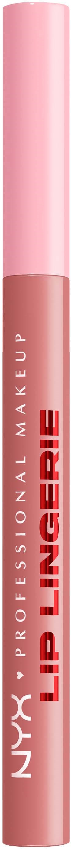 A pink lip liner pencil with white and red text on a black background.