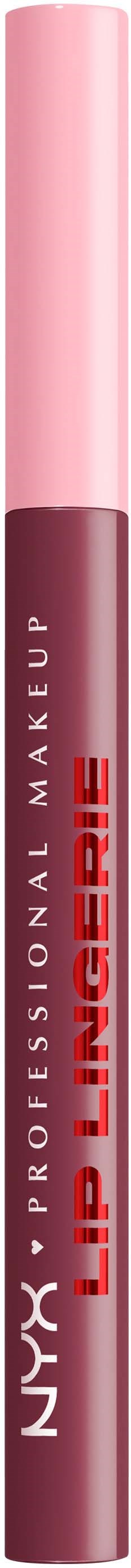 A NYX lip liner pencil with pink cap and burgundy body. Text reads "LIP LINER."