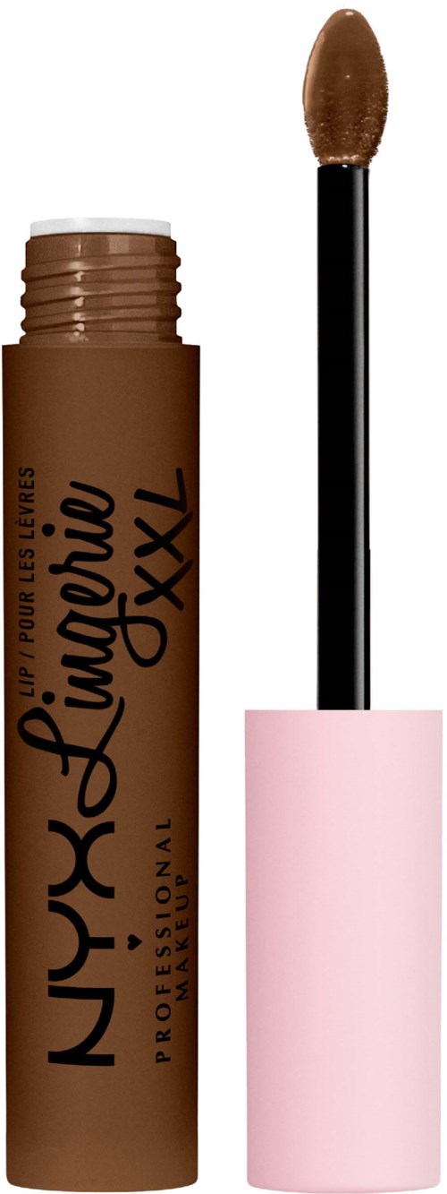 A brown lip gloss tube with an open wand showing a sponge applicator.