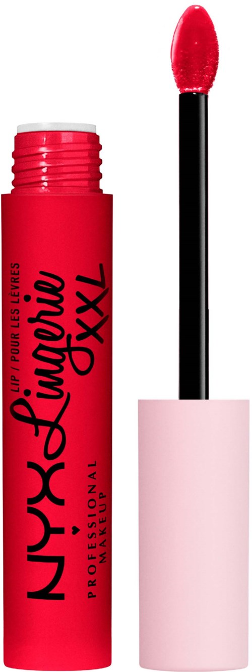 Red lip gloss container, wand with pinkish-red gloss, and black handle. Brand name on the tube in black text.