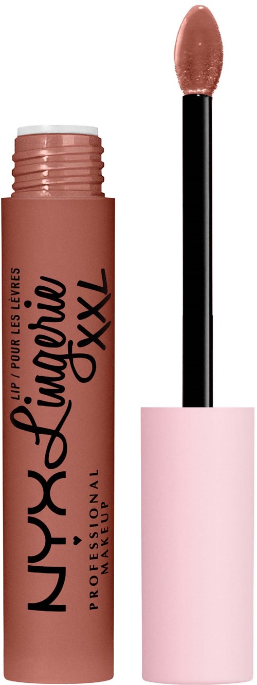 Een nude lipgloss tube met een zwarte applicator en roze dop, klaar voor make-up.