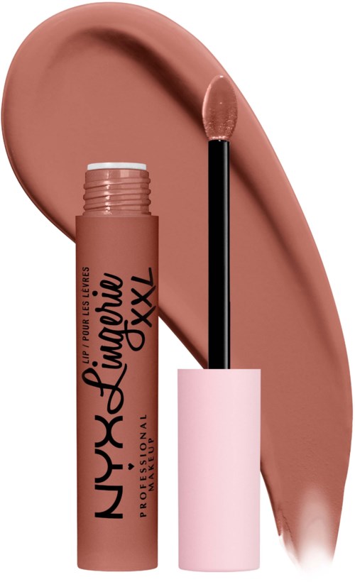 Een nude lippenstift met een grote kleurstaal en applicator.