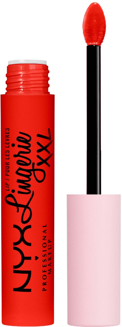 A red lip gloss tube with a wand applicator and a pink cap. The label says NYX Lingerie XXL.