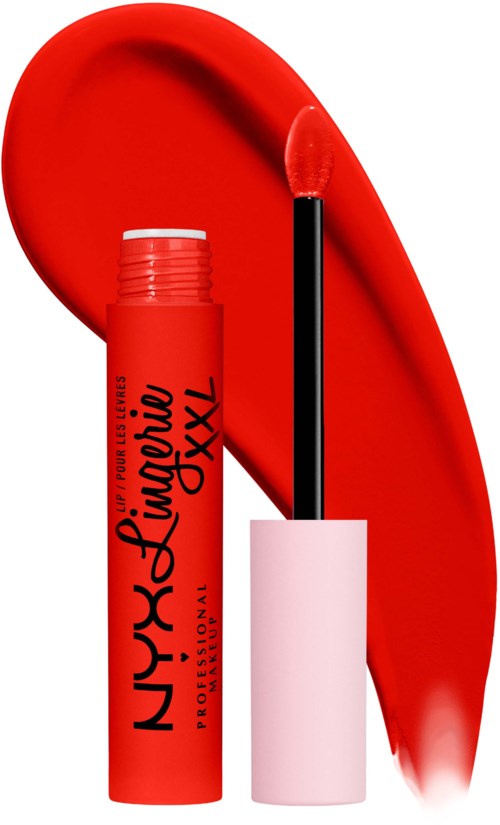 A red lipstick container with the lipstick swatched next to it, and a large red mark in the background.