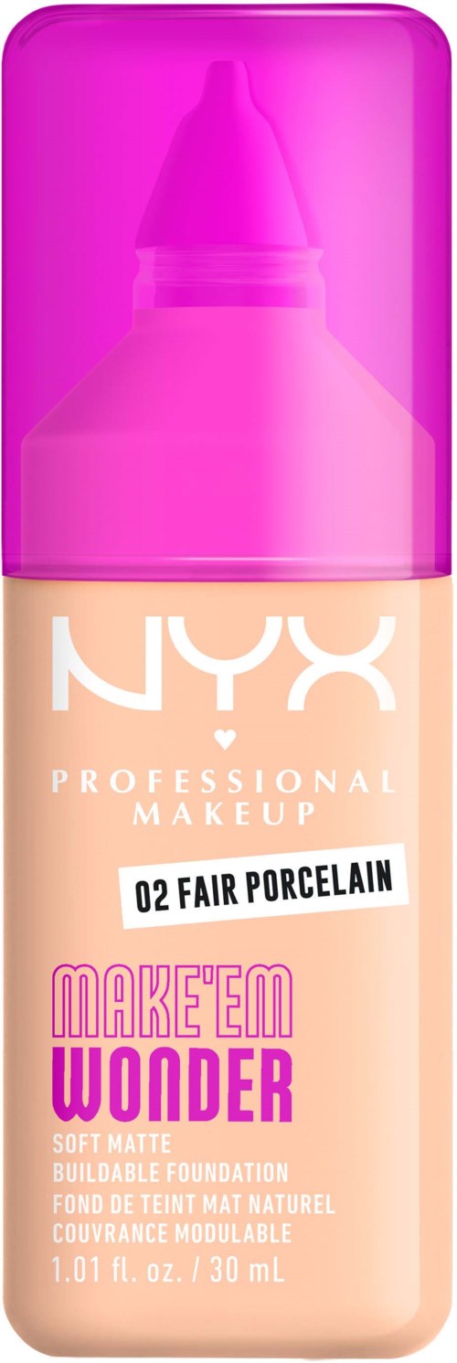 Eine Flasche Flüssig-Foundation mit pinker Kappe, NYX-Marke, 'Make 'Em Wonder' und Farbtönen 'Fair Porcelain'.