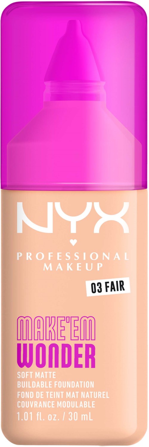 Eine Foundation-Flasche mit pinker Kappe und Etikett, NYX Professional Makeup, Make 'Em Wonder, in rechteckiger Form.