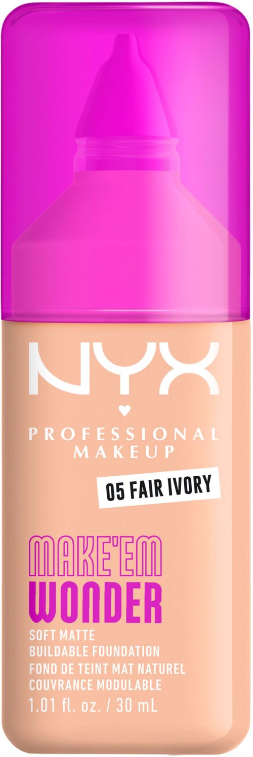 Eine NYX Grundierung Flasche mit 'Make 'Em Wonder' in Fair Ivory, rosa Kappe und Applikator.