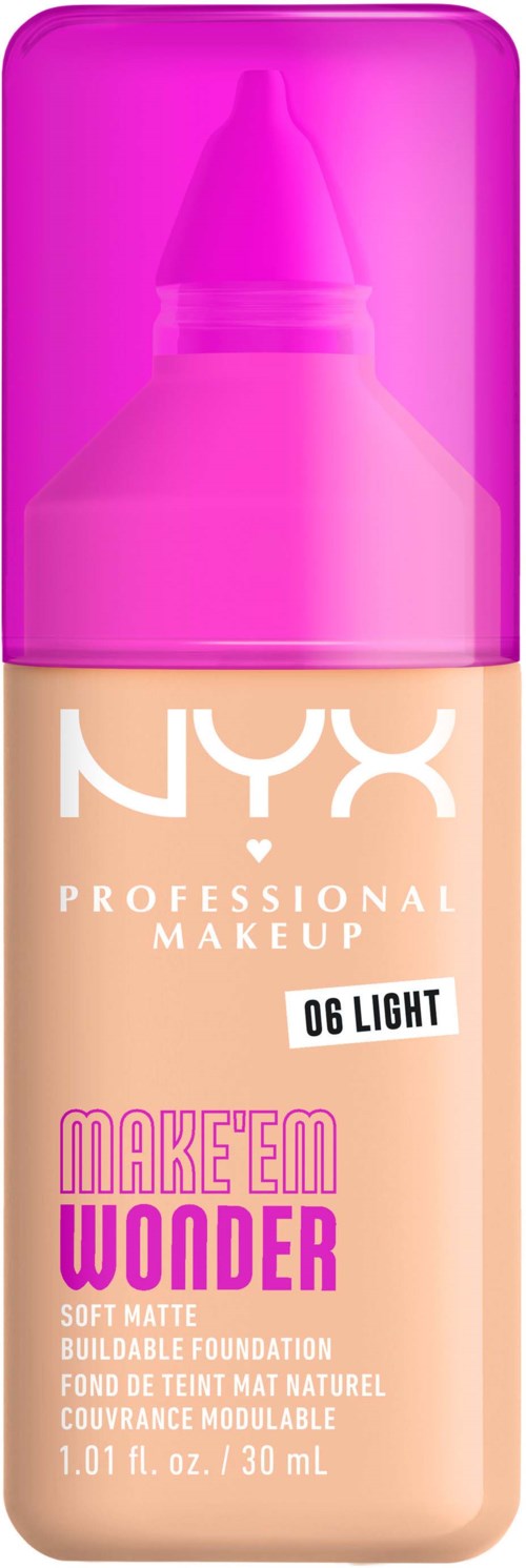 Pinkflasche mit NYX Foundation, beschriftet 'Make 'Em Wonder', mit hellem Farbton und weichem mattem Finish.
