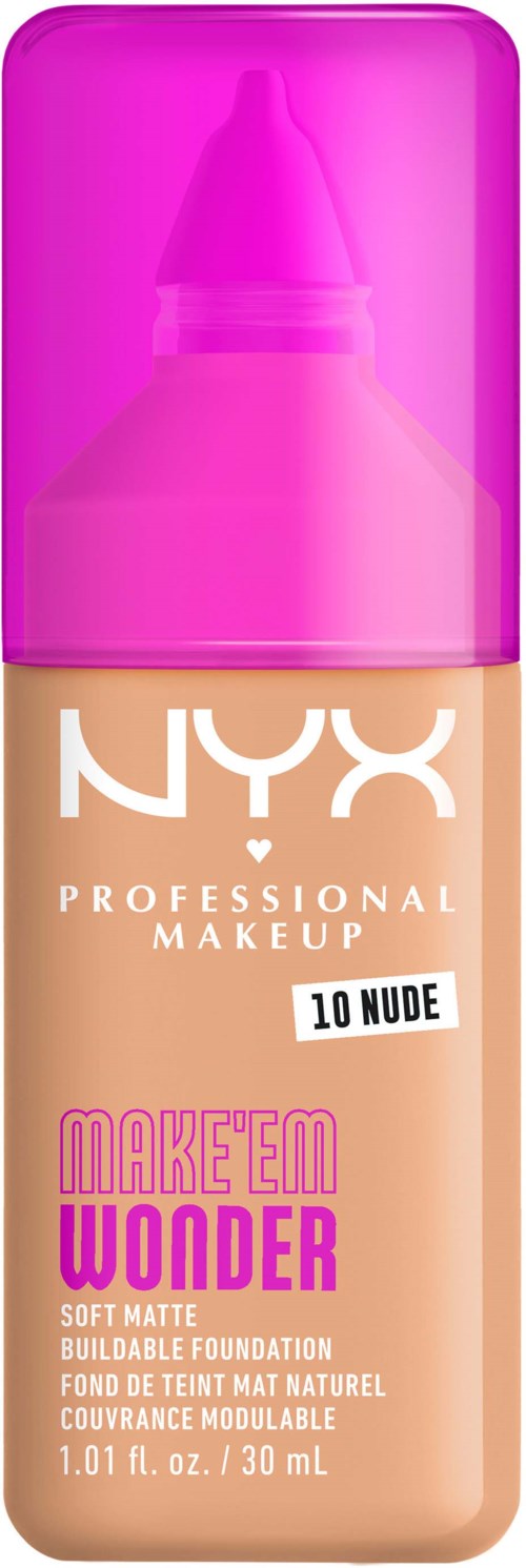 Eine Flasche NYX Make Up Foundation mit rosa Deckel, 30 ml, für weichen matten Look.
